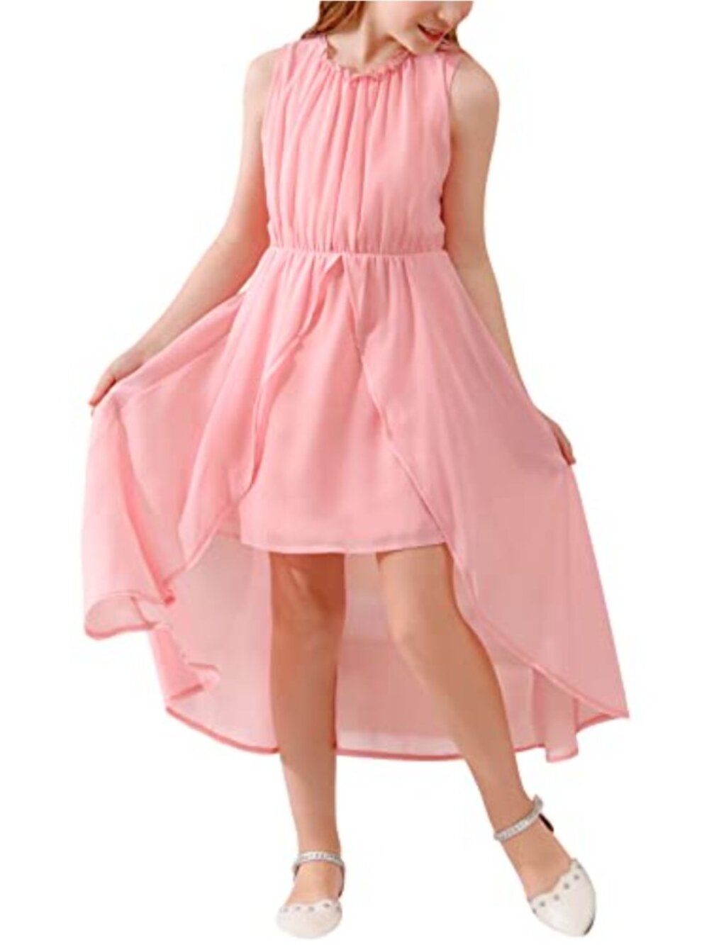 Girls Sleeveless Ruffle Neck Chiffon High-Low Formal Party Dress